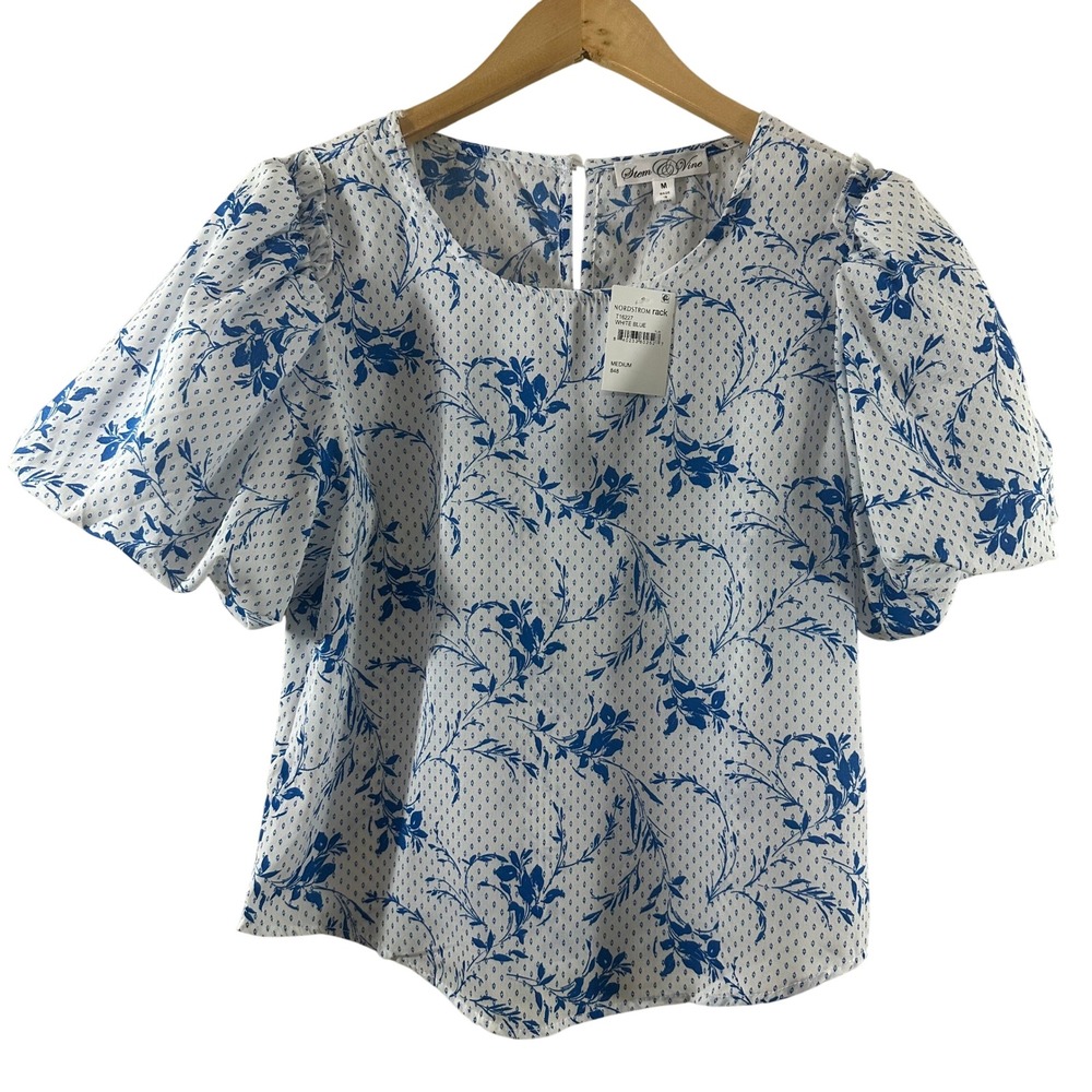 Stem & Vine Womens Puff Sleeve Floral Vine Print Blouse White Blue Medium